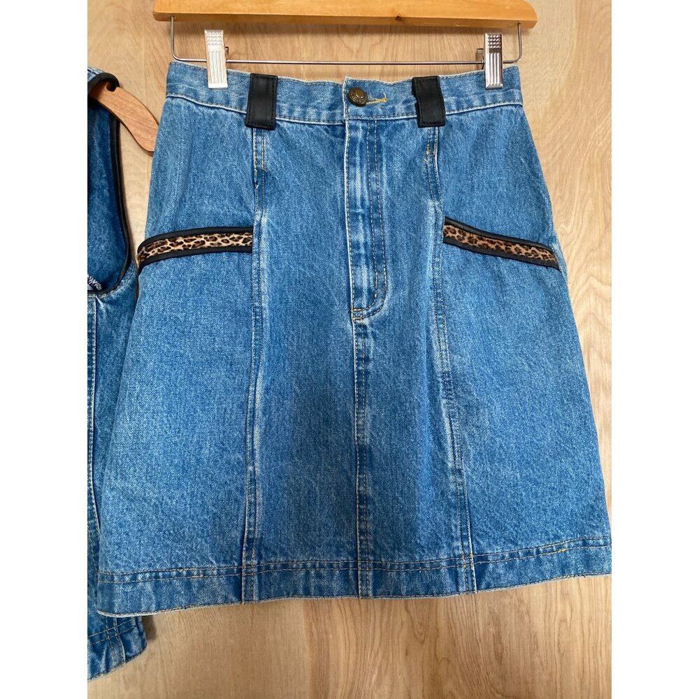 Vintage St. Maarten Dallas Denim Skirt Set Small Vest & Mini Skirt Leopard Trim - Picture 8 of 13